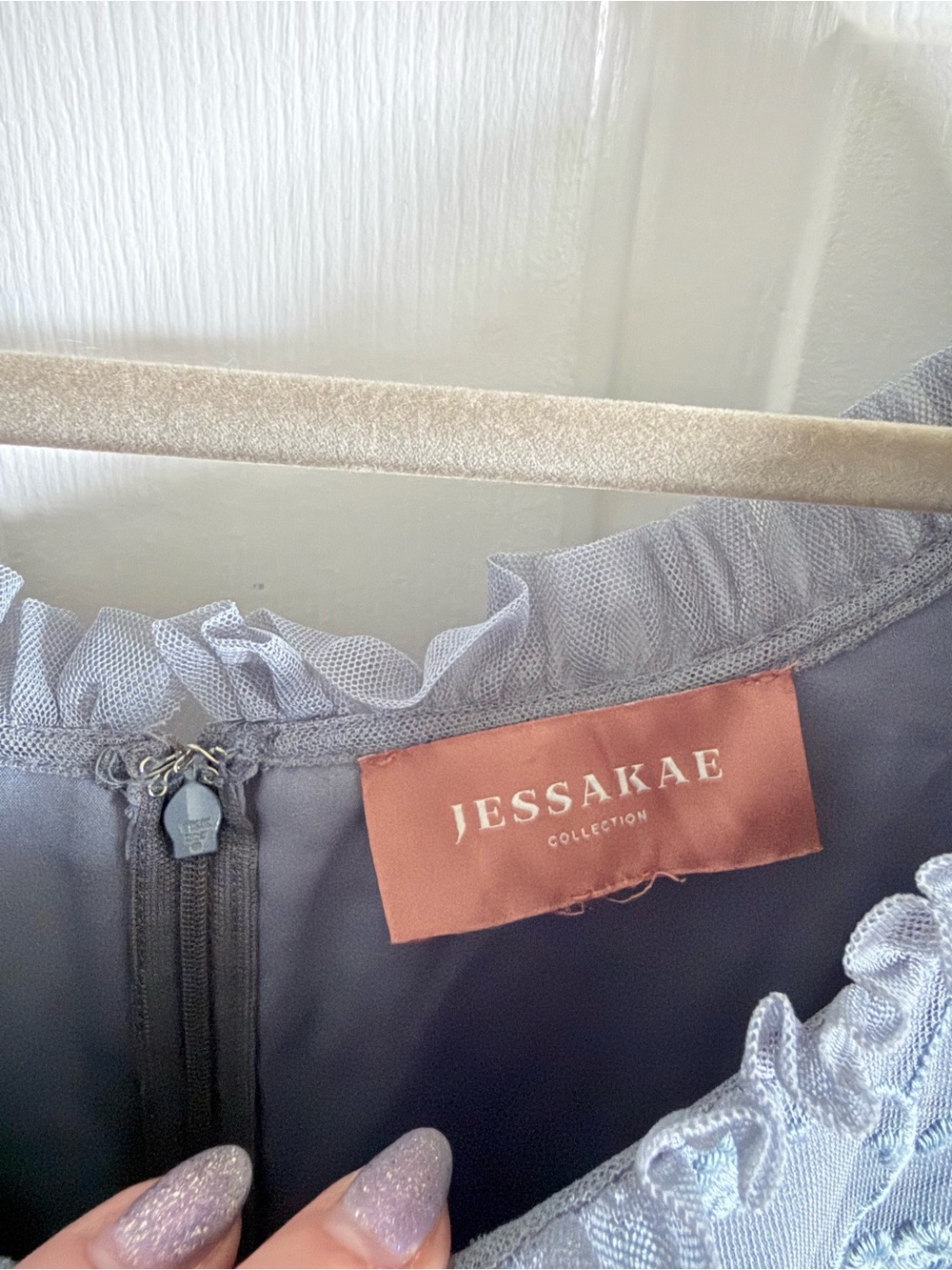 JessaKae Harper Slate Blue floral Embroidered Tiered Tulle Dress, like new 2x - Picture 6 of 14